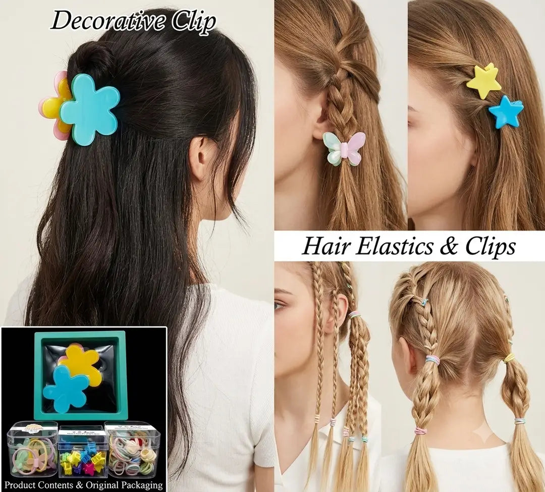 Premium Hair Styling Kit: Flower Design HairTies , Star Design  Clips , Flower Design Clips & Assorted High-Elastic Hair Ties – Pack of 4 Box