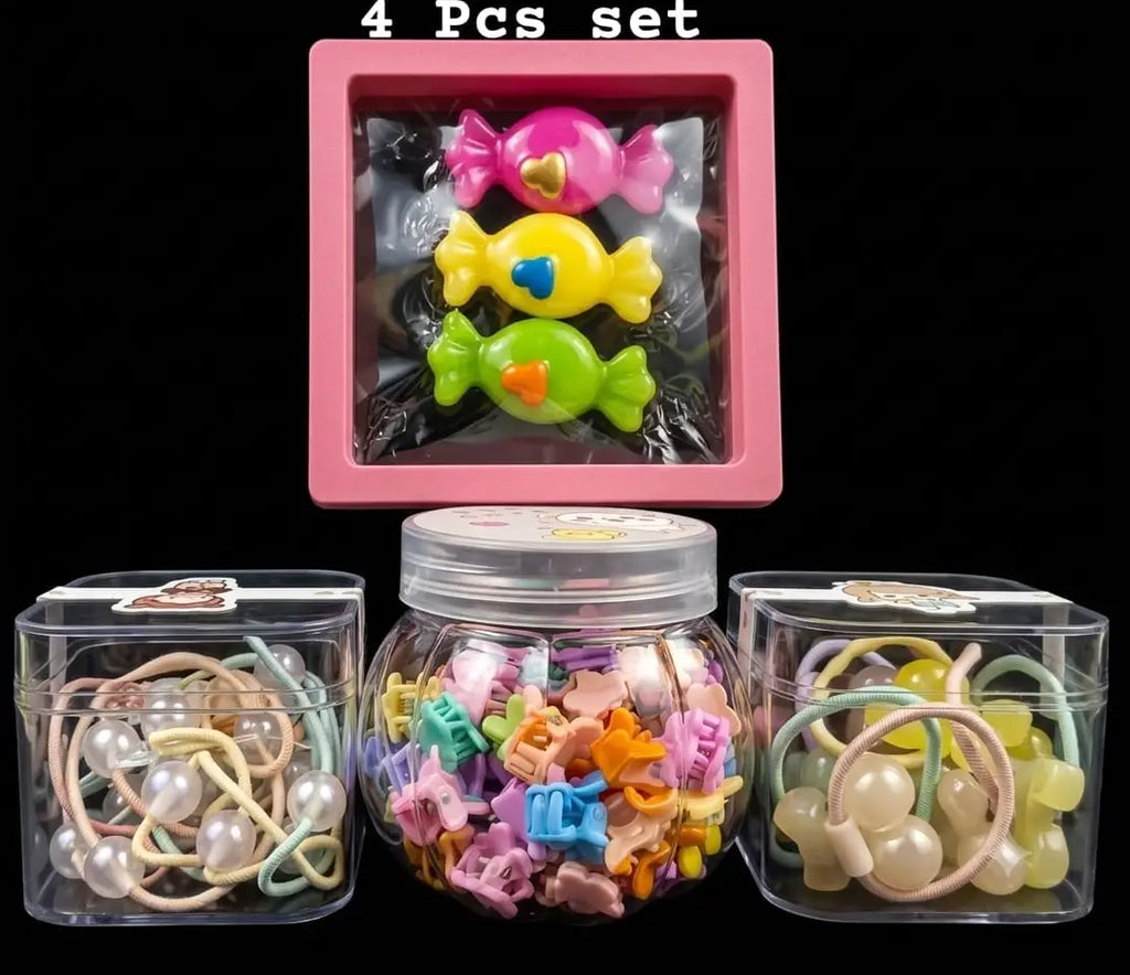 4-Piece Hair Accessory Set - Candy Clips, Pearl Ties, Butterfly Ties & Mini Claw Clips - Elora Pakistan