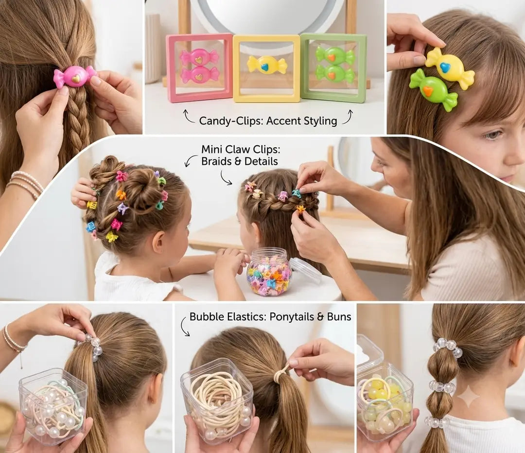 4-Piece Premium Hair Accessory Set: Candy-Style Clips, Pearl Elastic Ties,Butterfly Elastic Ties, and Mini Colorful Claw Clips Organizer