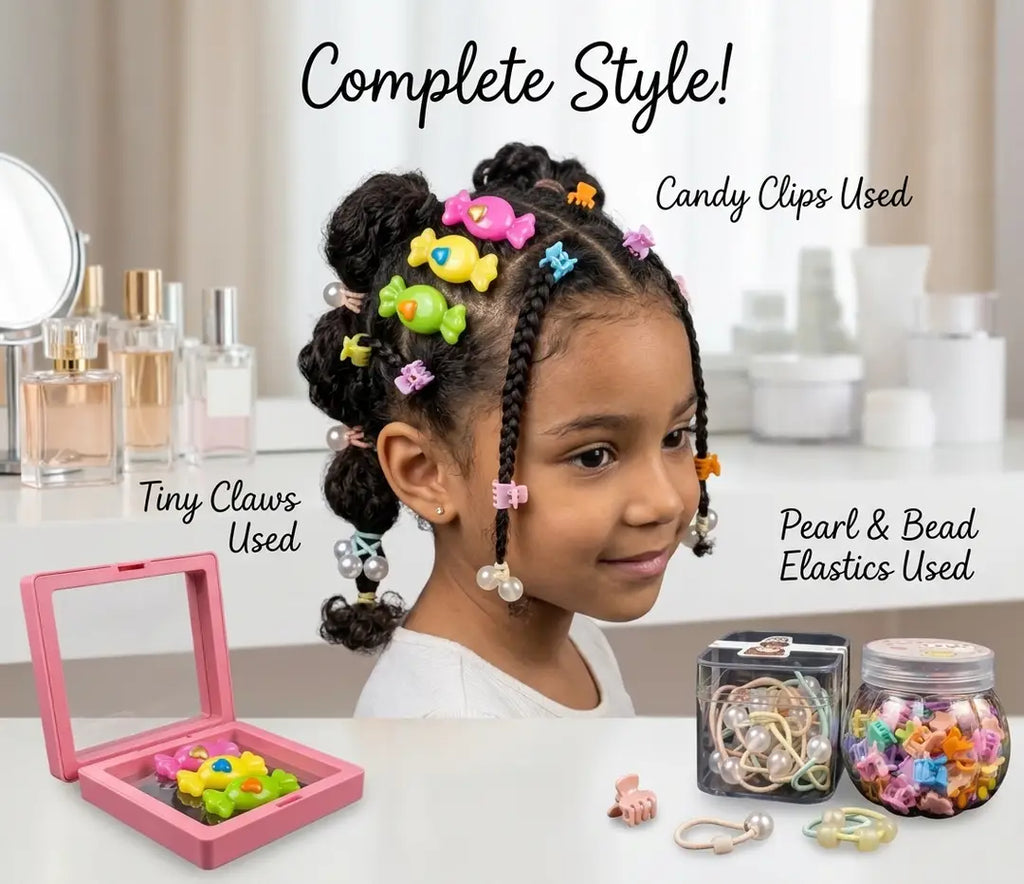 4-Piece Premium Hair Accessory Set: Candy-Style Clips, Pearl Elastic Ties,Butterfly Elastic Ties, and Mini Colorful Claw Clips Organizer
